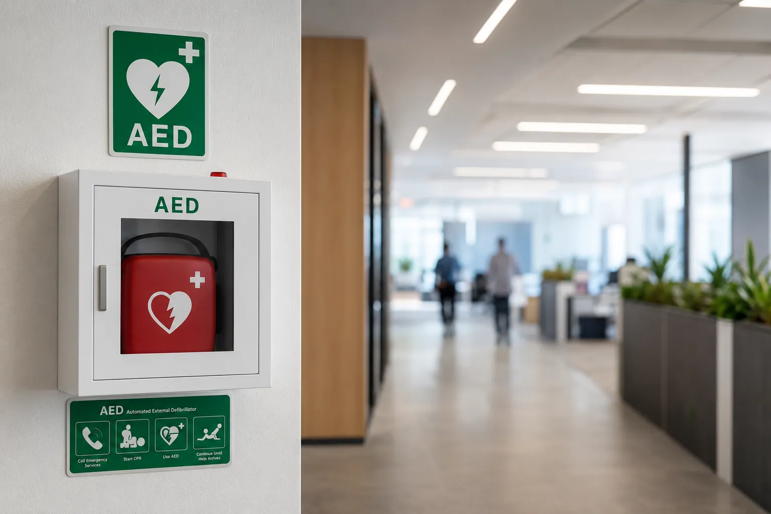 Armoire murale de défibrillateur AED installée dans un couloir de bureau, avec signalétique verte réglementaire.