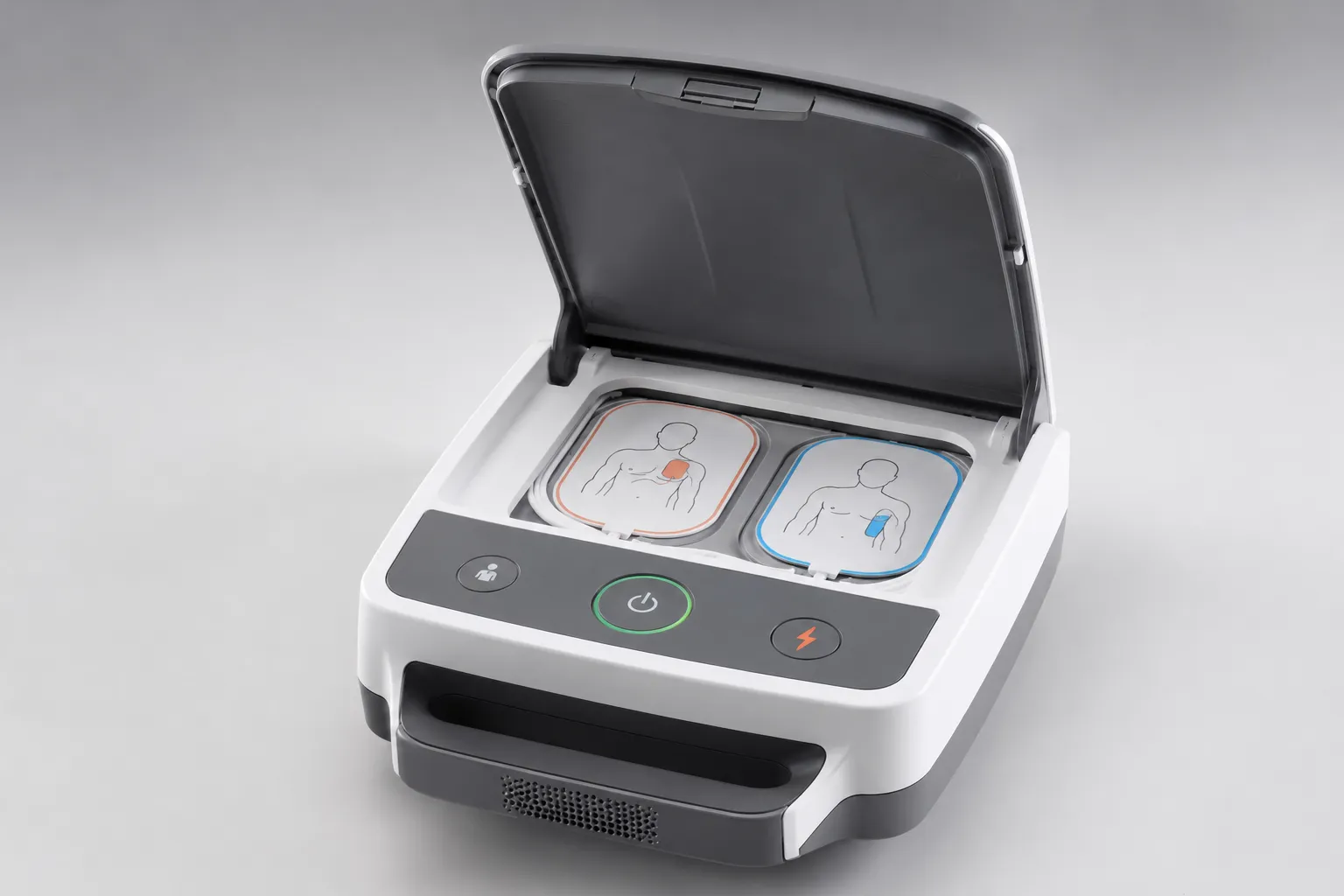 Défibrillateur automatisé externe (DAE) ouvert avec ses électrodes adultes et pédiatriques