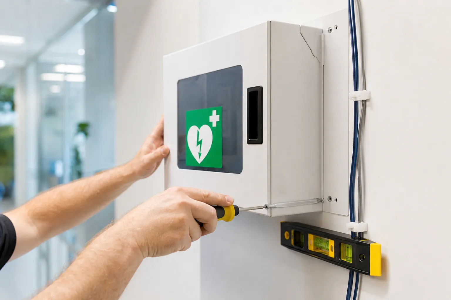 Technicien CardioSur installant une armoire à défibrillateur sur un mur d'entreprise
